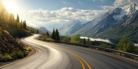 Naklejka premium Fast downhill drive on a winding mountain road, showcasing the thrill of high speed journey along the scenic mountain road, ideal for adventure enthusiasts seeking excitement on mountain roads.