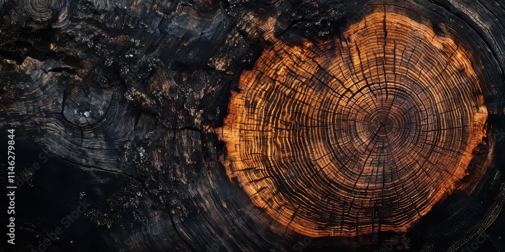 Aufkleber closeup of an ancient cut tree showcasing intricate textures and patterns, highlighting the beauty a