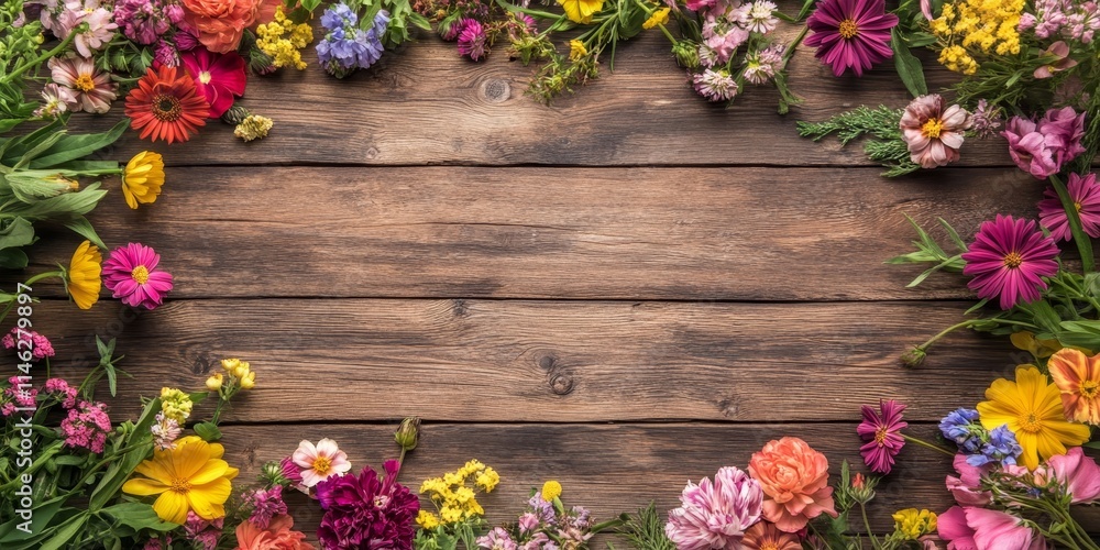 Aufkleber rustic wooden background adorned with vibrant flowers, creating a charming rustic scene. the empty w