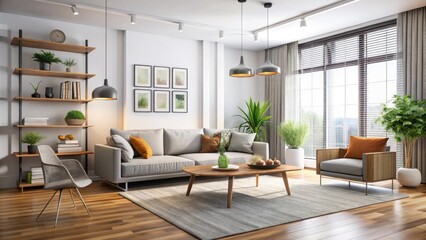 Fototapeta premium Modern Living Room with Grey Walls and Warm Wooden Floors for a Chic, Comfortable Atmosphere