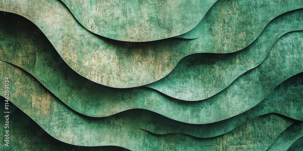 Poster Close up of a green abstract pattern texture on cardboard. This unique cardboard texture features a retro feel, resembling old paper and vintage blank wallpaper for creative projects.