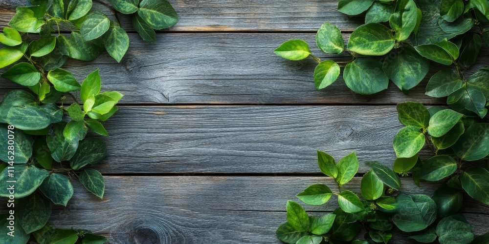 Poster Old wood plank background featuring abstract natural green leaves, ideal for creative product display and showcasing items in a unique setting with a touch of nature.