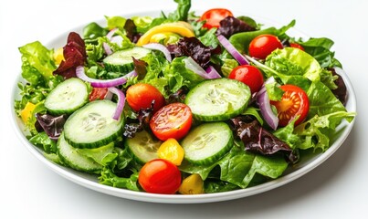 A salad with tomatoes, cucumbers, and onions on a white plate