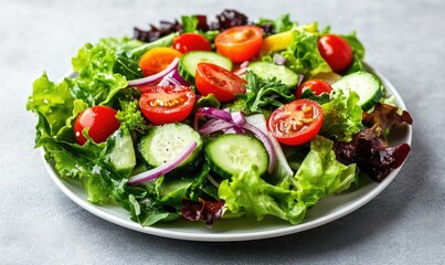 A salad with lettuce, tomatoes, cucumbers, and onions