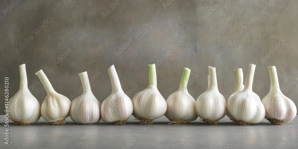Aufkleber young garlic heads displayed on a gray tabletop create an appealing composition, showcasing the vibr