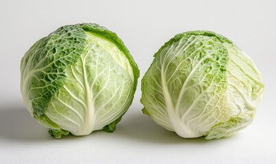 Fototapeta premium Two heads of cabbage are on a white table