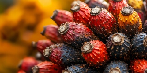 Naklejka premium Close up view highlighting palm oil fruit, showcasing its vibrant colors and textures, providing a detailed perspective on palm oil fruit in its natural state and context.