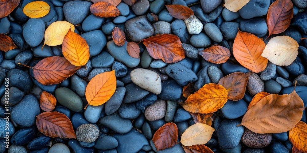 Poster a vibrant pile of dry leaves rests on the pebbles, creating a beautiful contrast the dry leaves add 