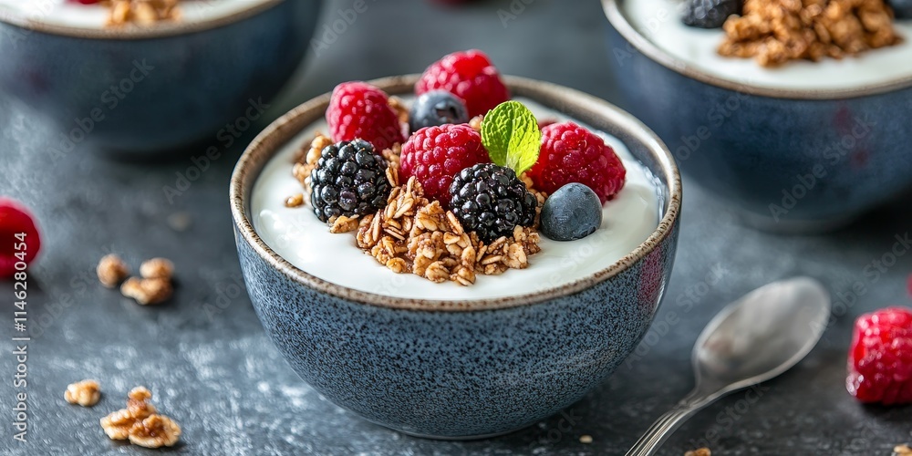 Poster delicious yogurt served with baked granola and an assortment of berries in a small bowl. this yogurt