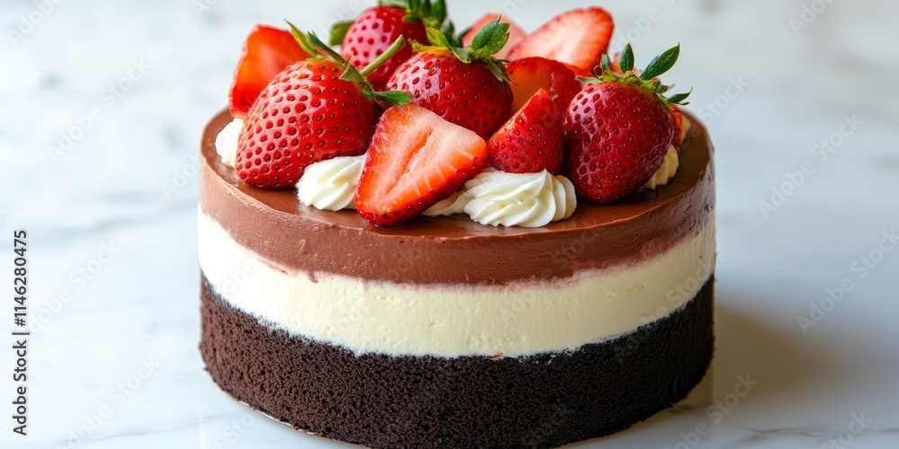 Poster indulge in a delicious chocolate mousse flavor cake featuring a rich vanilla and cream filling, beau
