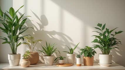 Fototapeta premium Indoor Plants in Stylish Pots on a Sunlit Shelf