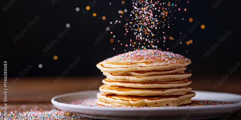 Poster Sugar sprinkles cascade over a delightful stack of pancakes, creating a whimsical scene. Enjoy the sweet charm of sugar sprinkles as they add a special touch to your pancake presentation.