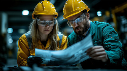 Fototapeta premium Male and female engineers examining blueprints together in an industrial setting
