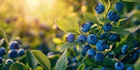 Ripening agricultural blueberries on the bush exhibit vibrant blue hues amidst lush green leaves in an expansive field, showcasing the beauty of agricultural blueberries in their natural habitat.