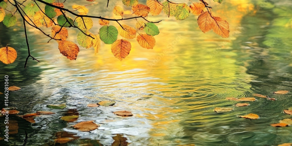 Poster leaves on water create a serene scene as the water surface is adorned with foliage, offering a capti