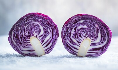 Fototapeta premium Two pieces of purple cabbage are cut in half