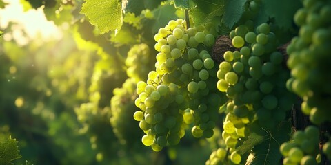 Organic vineyard featuring vibrant green grapes, showcasing the beauty of fresh green grapes amidst lush foliage in a sustainable environment dedicated to organic farming practices.