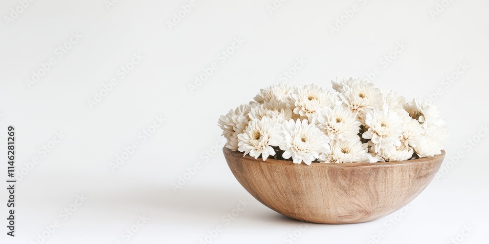 Aufkleber In a white background featuring ample blank space, you can find dried white chrysanthemums arranged in a wooden bowl, creating a serene and minimalist display.