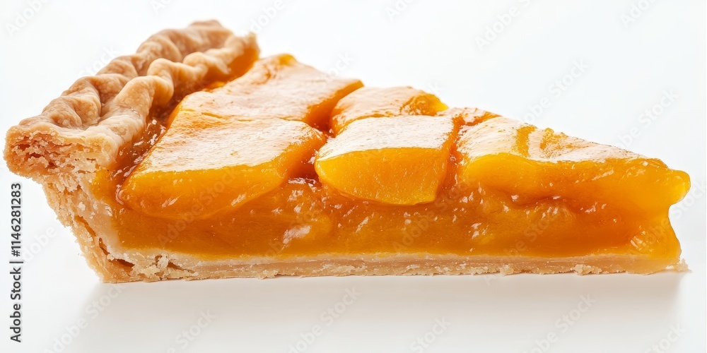 Poster slice of apricot pie displayed on a white background, showcasing the deliciousness of apricot pie. t