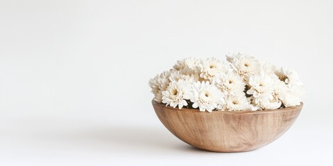 In a white background featuring ample blank space, you can find dried white chrysanthemums arranged in a wooden bowl, creating a serene and minimalist display.