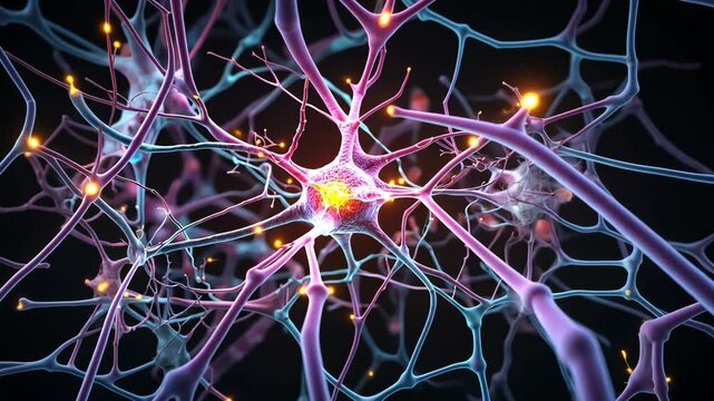 Video footage of Detailed, colorful depiction of neurons with synapses firing, illustrating neural connections and activity in the brain