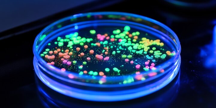 Petri dish showcasing bacteria that express fluorescent proteins under white light this display includes E. coli demonstrating GFP, RFP, and YFP, highlighting the beauty of fluorescent protein