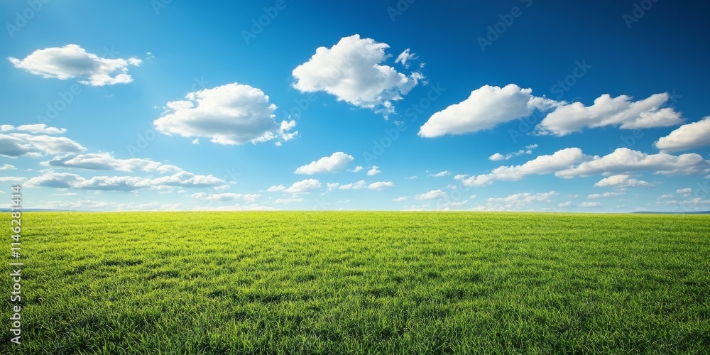 Poster vibrant green field under a vast sky adorned with fluffy white clouds, creating a picturesque landsc