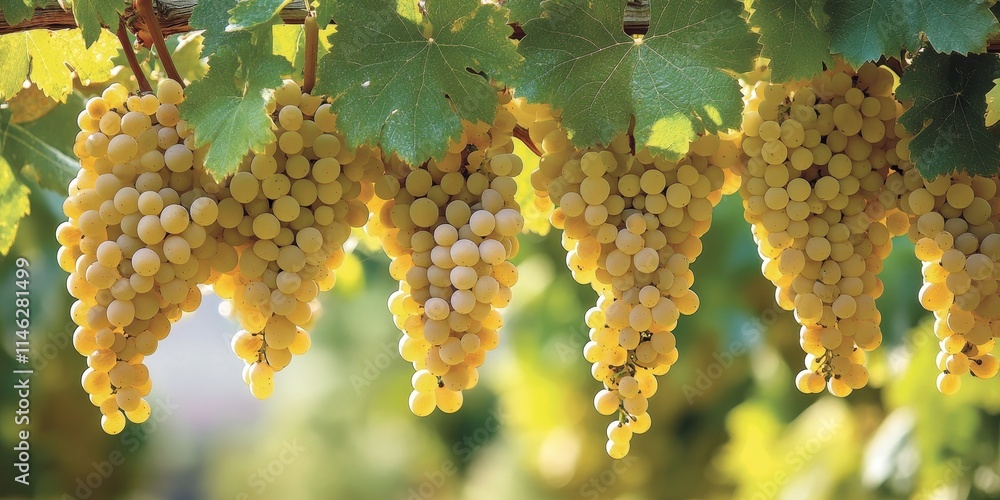 Poster clusters of white grapes dangle from the vines, displaying ripe grapes surrounded by vibrant green l