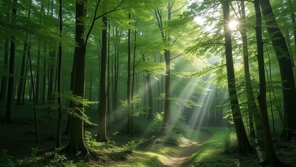 Sunlight Streaming Through Dense Green Forest