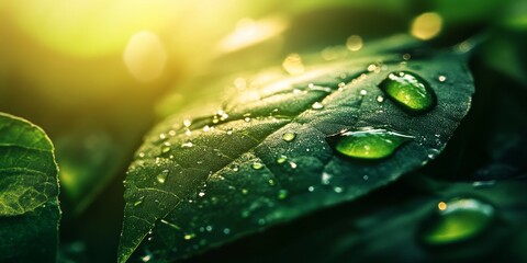 Stunning water drop on leaf showcasing nature in close up macro. The fresh, juicy green leaf glistens with droplets of morning dew, highlighting the beauty of nature s delicate details.