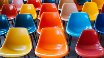 Fototapeta premium Stacked plastic chairs arranged for visitor seating, showcasing the durability and practicality of plastic chairs that cater to various visitor needs and preferences.