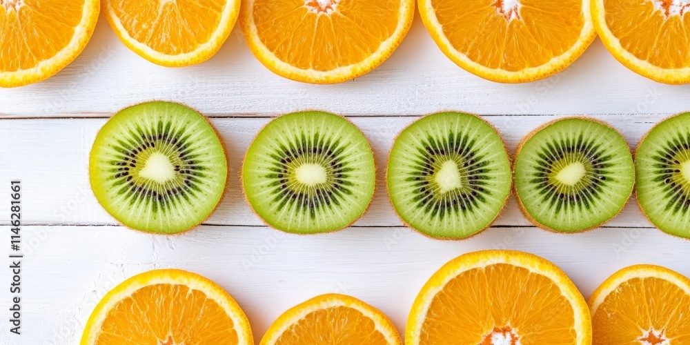 Poster fresh kiwi and orange slices arranged on a white wooden background. a vibrant display of kiwi and or