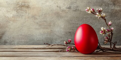 Blank Easter greeting card featuring a red Easter egg, catkins, and a vine set against a rustic wooden background, perfect for celebrating the joy of Easter with a personal touch.