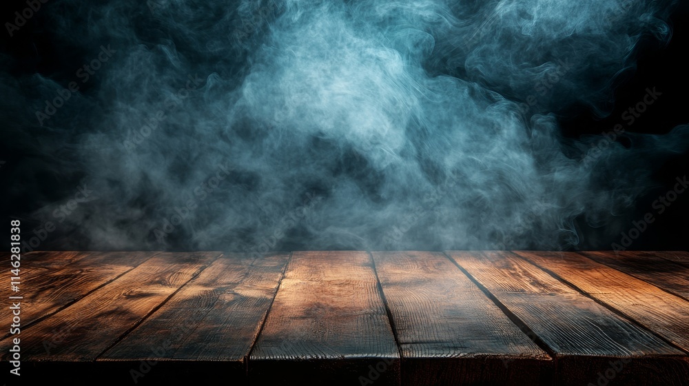 Fototapete Empty wooden table with smoke rising in a dark background, creating the perfect empty space for showcasing your products and emphasizing their unique features in a striking setting.