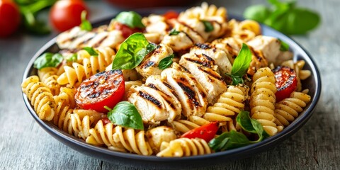 Delicious homemade pasta salad featuring tender grilled chicken, this pasta salad is a perfect blend of flavors for any occasion, showcasing the goodness of homemade pasta salad with grilled chicken.