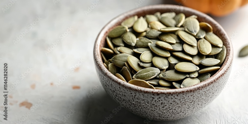 Poster pumpkin seeds are arranged in a small bowl on a white table, showcasing a healthy snack option. this