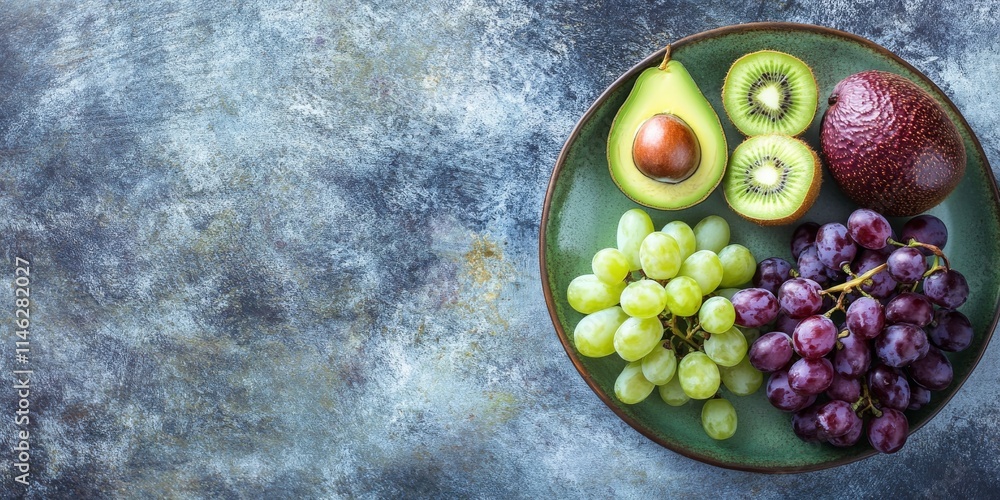 Poster fresh grapes, avocado, and kiwi fruit arranged on a green rustic plate create a vibrant display agai