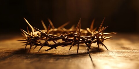 Fototapeta premium A golden crown made of thorns rests on a wooden table, serving as a powerful symbolic background. This crown of thorns symbolizes deep significance and meaning.