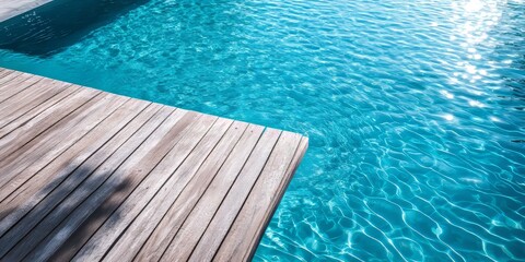 A wooden table is positioned next to a swimming pool that features pristine, clear blue water, creating a serene and inviting outdoor atmosphere.