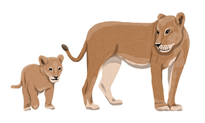 African lioness and her lion cub. Realistic vector animal