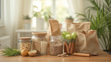 Zero-Waste Pantry with Glass Jars and Canvas Bags