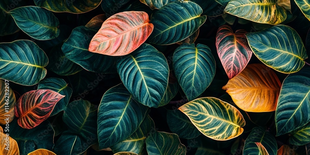 Poster close up view of vibrant tagar plant leaves showcasing their unique texture and color pattern, creat