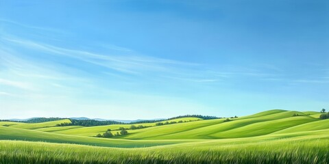 Obraz premium Serene classic rural landscape showcasing a vibrant green field under a clear blue sky, perfectly capturing the essence of a classic rural landscape filled with natural beauty.