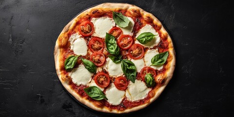Classic uncut Margherita pizza, featuring tomatoes, mozzarella cheese, and fresh basil leaves, is beautifully displayed from a top view. This cheesy pizza offers an inviting appeal on a black