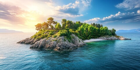 Obraz premium A secluded island in the sea features a lush green forest atop rugged rocks, offering a picturesque view from the water, ideal for summer travel vacations and exploration of serene landscapes.