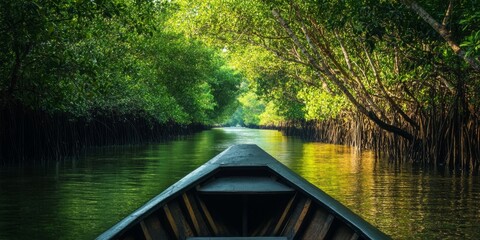 Obraz premium Scenic boat trip through a lush mangrove forest, showcasing the beauty of the mangrove ecosystem and offering an immersive experience with nature during the boat trip adventure.