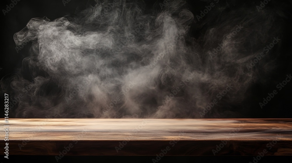 Aufkleber Empty wooden table with smoke rising in a dark background, creating the perfect empty space for showcasing your products and emphasizing their unique features in a striking setting.