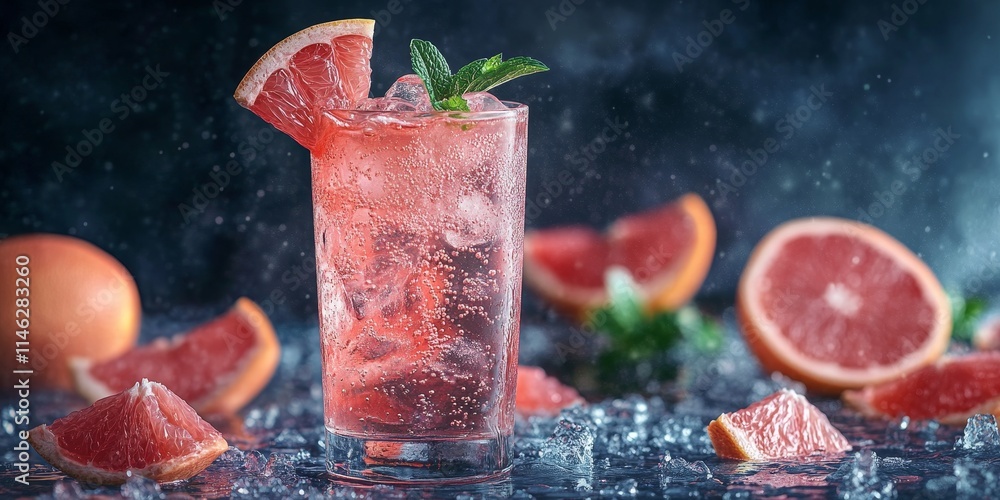 Poster a refreshing image of pink grapefruit soda, showcasing the vibrant color and effervescence of pink g