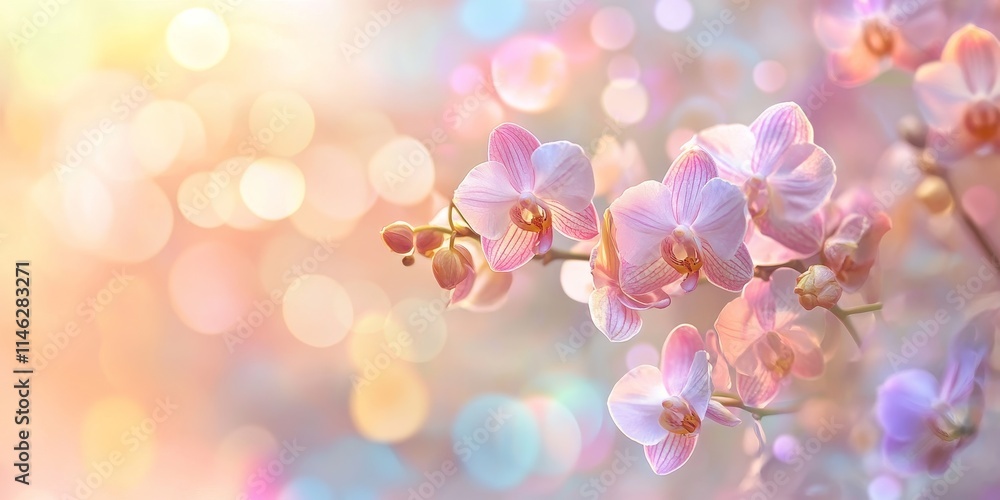 Poster Softly blurred background featuring delicate orchids in sweet colors, creating a serene and dreamy ambiance with these beautiful orchids in focus. Perfect for botanical themes and designs.