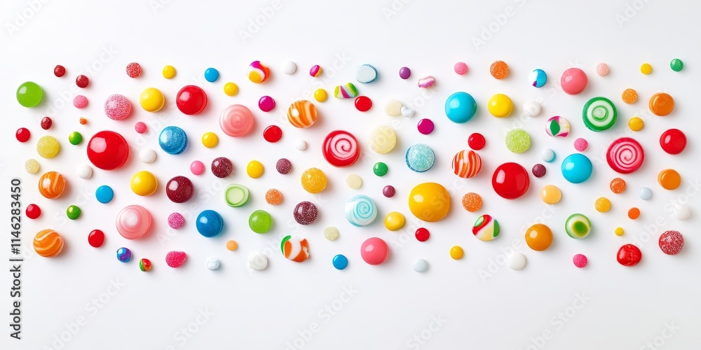 Poster vibrant colorful candies displayed on a white background, showcasing an assortment of delightful tre